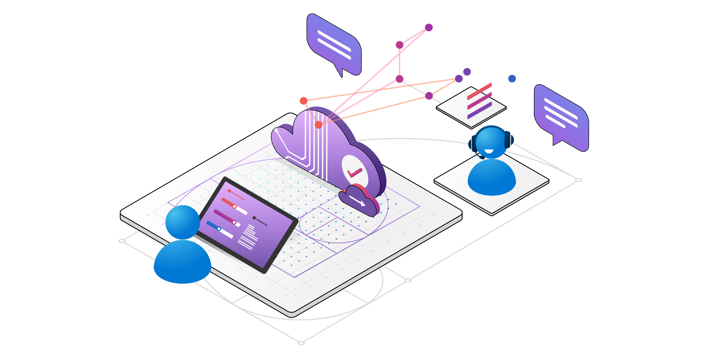 Ilustración isométrica de componentes técnicos para los servicios de atención al cliente.